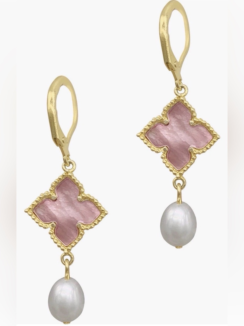 Gold-Tone Pink Mother-of-Pearl Quatrefoil Drop Earrings with Pearl